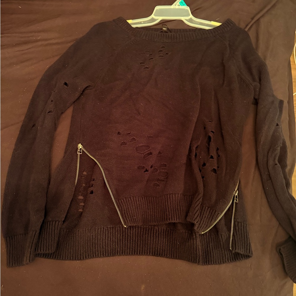 Black distressed Sweater with Zipper Accents